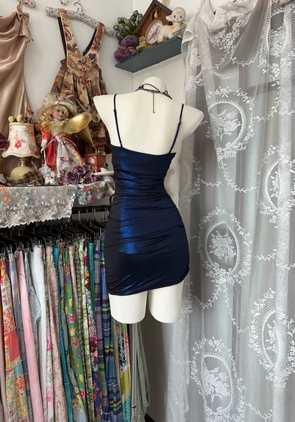 Spaghetti Strap Navy Blue Short Dress Ruffled Birthday Dress P361