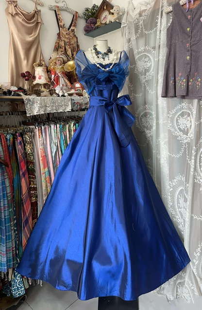 Royal Blue A Line Prom Dress With Bow Satin Formal Party Dress P364