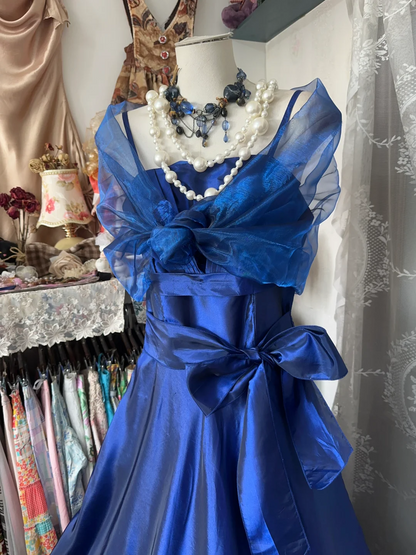Royal Blue A Line Prom Dress With Bow Satin Formal Party Dress P364