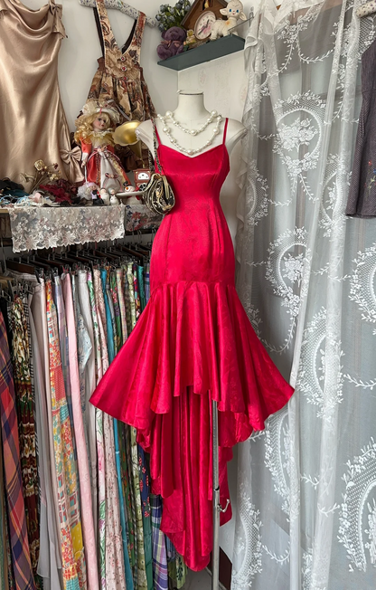 Red Mermaid Satin Prom Dress Spaghetti Strap Party Dress P365