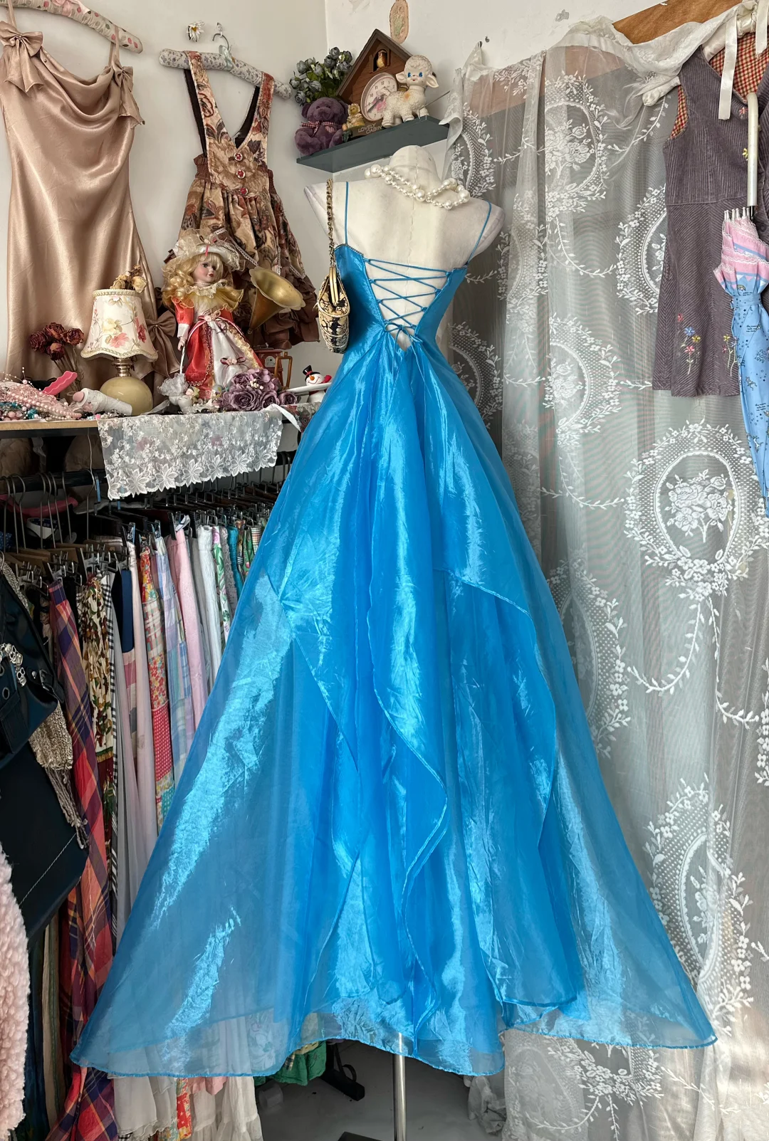 A Line Blue Organza Prom Dress Spaghetti Straps Formal Dress P366