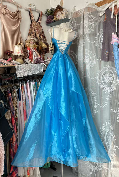 A Line Blue Organza Prom Dress Spaghetti Straps Formal Dress P366