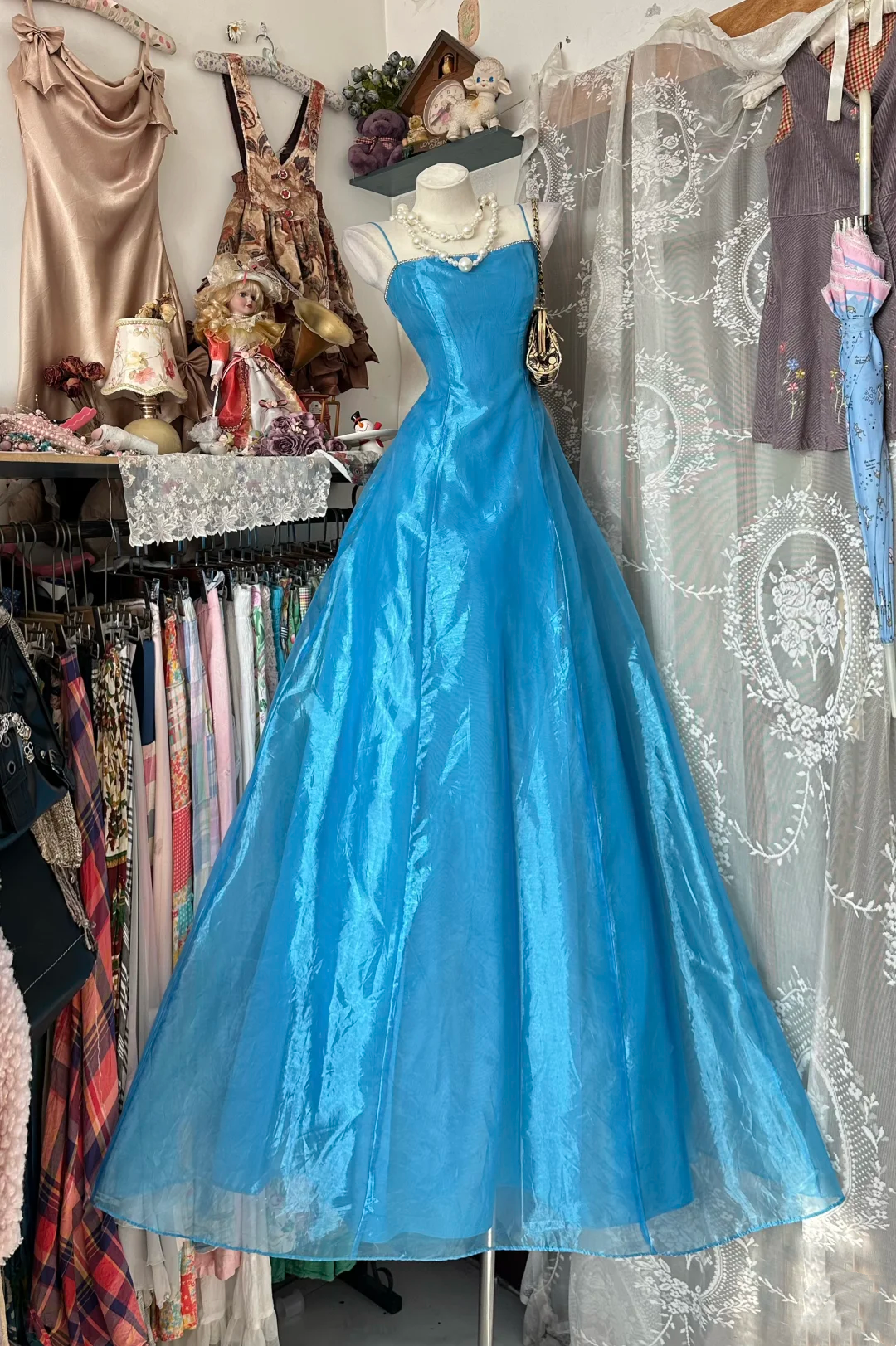 A Line Blue Organza Prom Dress Spaghetti Straps Formal Dress P366