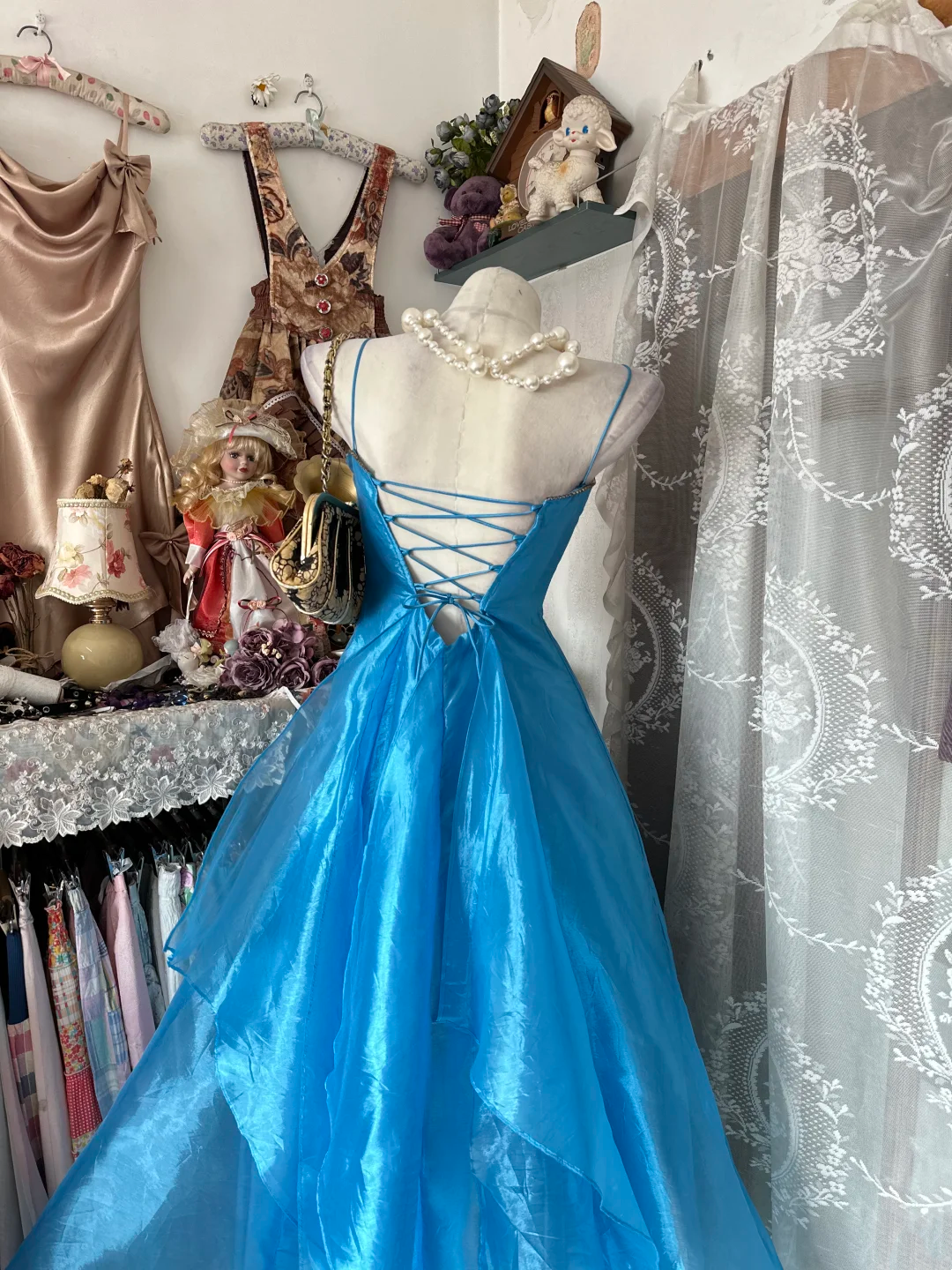 A Line Blue Organza Prom Dress Spaghetti Straps Formal Dress P366
