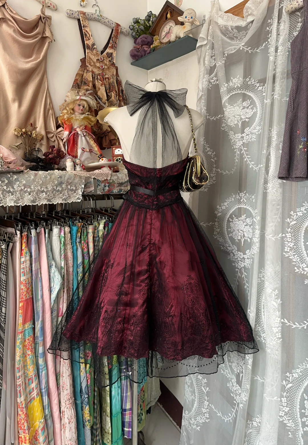 Halter Burgundy A Line Short Dress Black Tulle Appliques Birthday Dress P369