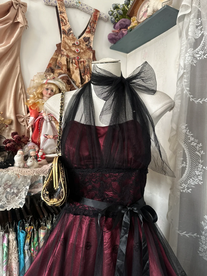 Halter Burgundy A Line Short Dress Black Tulle Appliques Birthday Dress P369