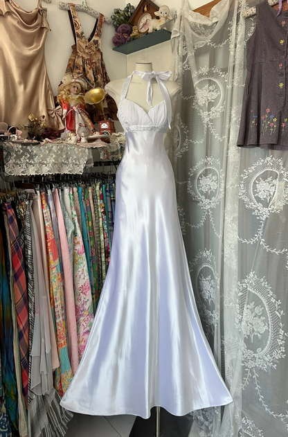 Halter Mermaid White Prom Dress Beading Formal Dress P370