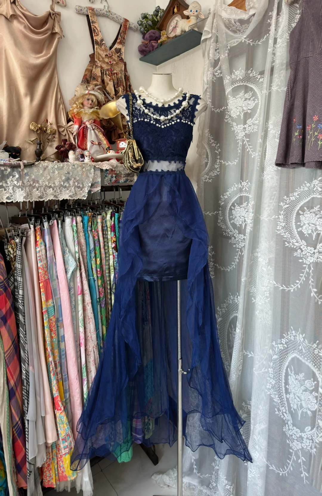 Sleeveless Navy Blue Sheath Party  Dress Hight Low Wedding Dress P371