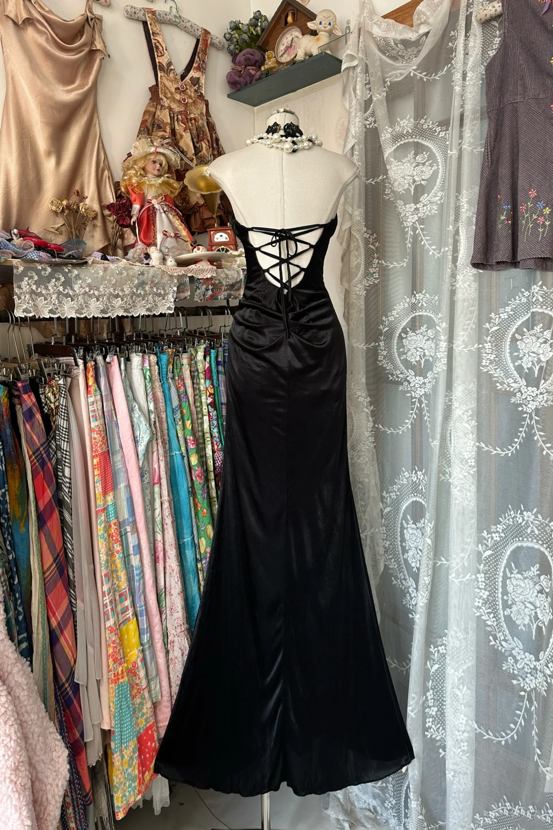 Mermaid Black Satin Evening Dress Simple Formal Party Dress P373