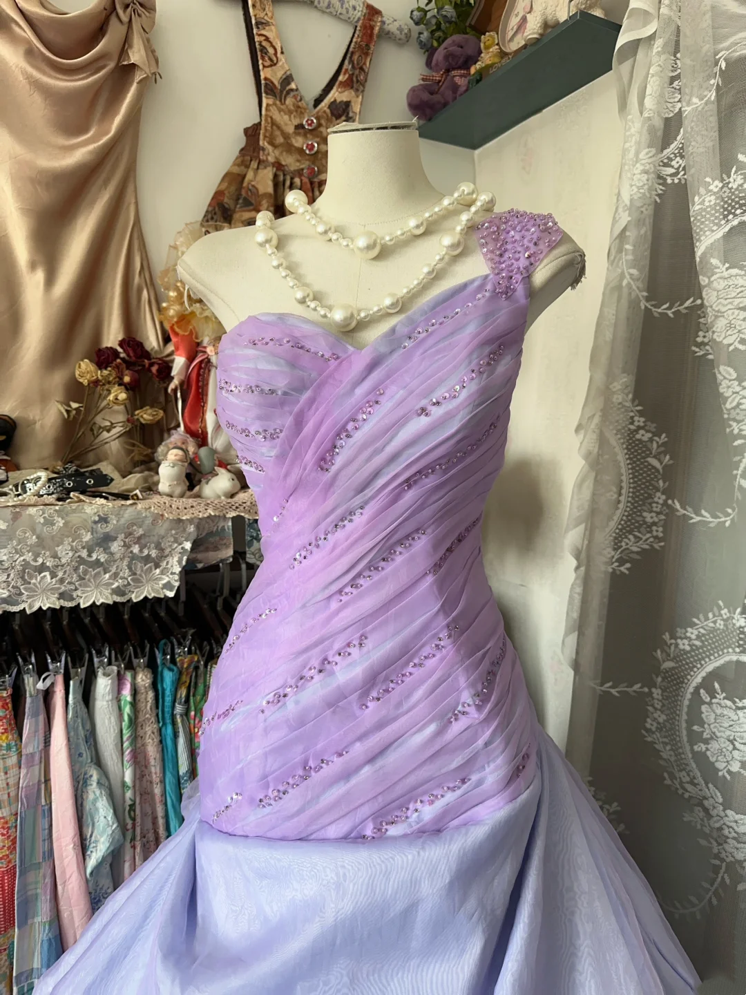 One Shoulder Lilac Prom Dress Beaded Formal Dress Birthday Gown P374