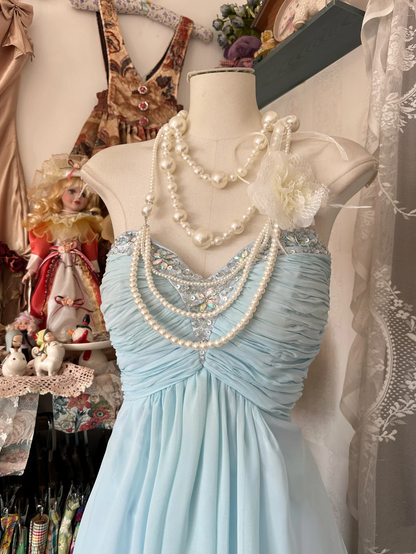 Sweetheart Blue Chiffon Prom Dress Beaded Bridesmaid Dress P375