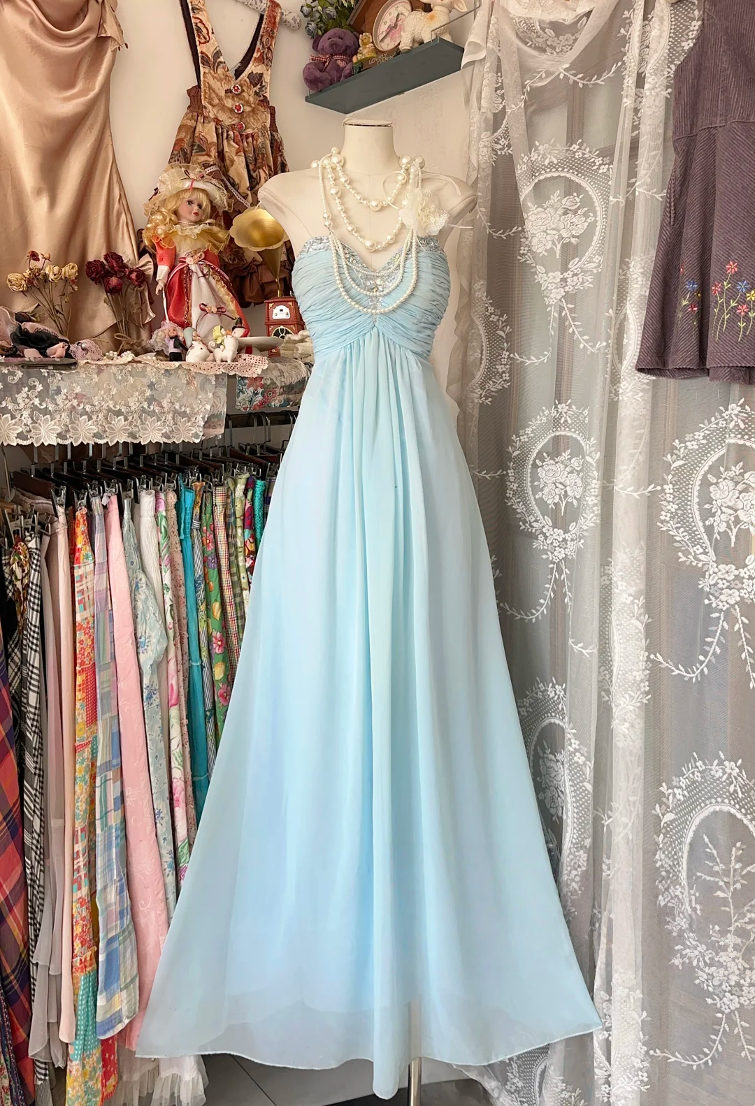 Sweetheart Blue Chiffon Prom Dress Beaded Bridesmaid Dress P375