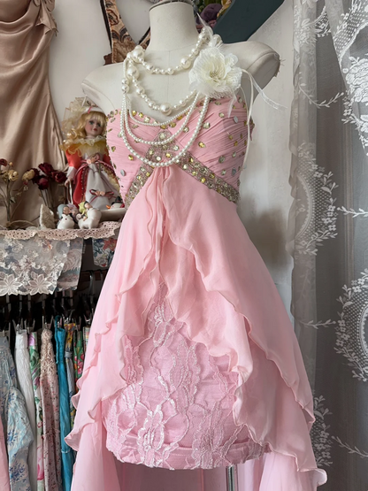 Sweetheart Pink Chiffon Prom Dress Beaded Lace Hight Low Party Dress P376