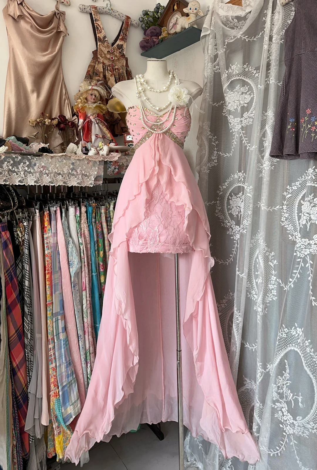 Sweetheart Pink Chiffon Prom Dress Beaded Lace Hight Low Party Dress P376