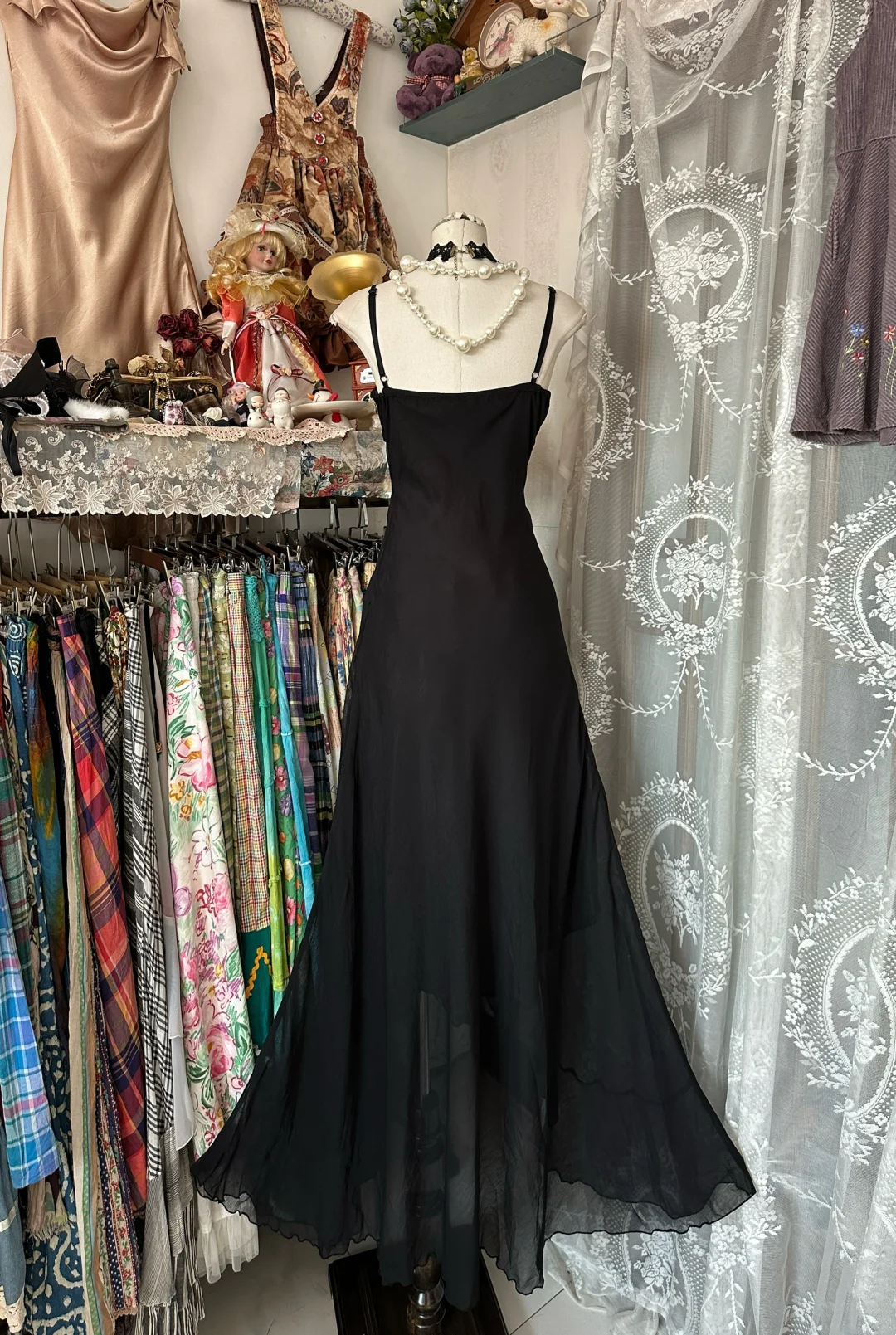 Black Chiffon Ruffled Prom Dress Spaghetti Straps Evening Dress P377