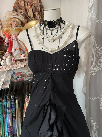 Black Chiffon Ruffled Prom Dress Spaghetti Straps Evening Dress P377
