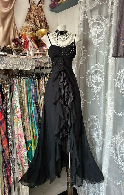 Black Chiffon Ruffled Prom Dress Spaghetti Straps Evening Dress P377