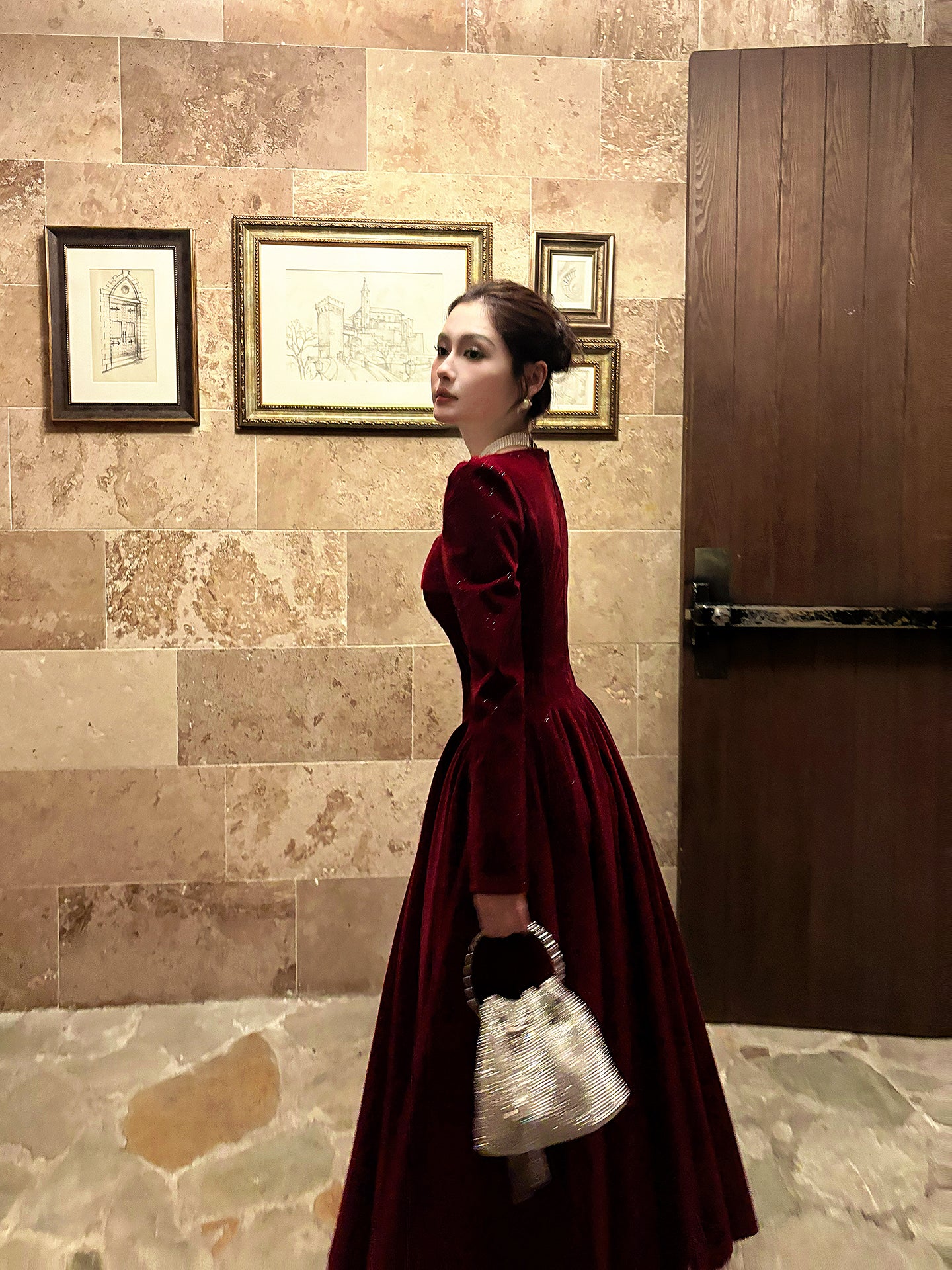 Long Sleeved A Line Prom Dress Sparkle Velvet Evening Dress  P38