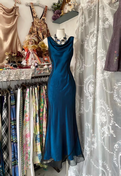 Elegant Blue Sheath Evening Dress Sleeveless Modest Formal Dress  P381