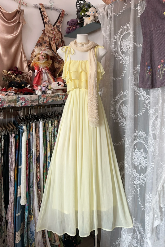 Spaghetti Straps Yellow Chiffon Prom Dress Ruffle Formal Dress  P382