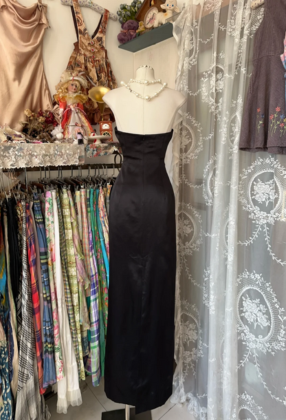 Strapless Black Satin Prom Dress Sheath Elegant Evening Dress  P383