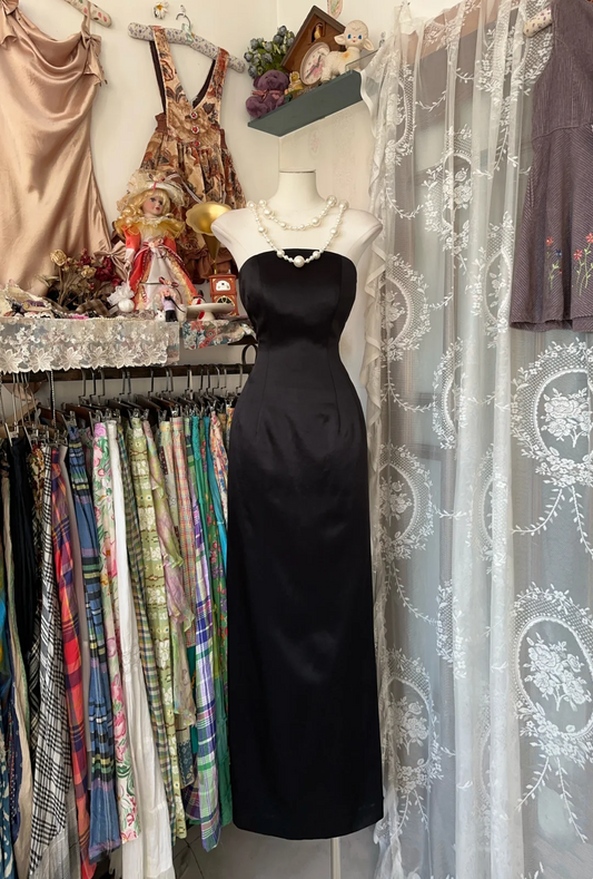 Strapless Black Satin Prom Dress Sheath Elegant Evening Dress  P383