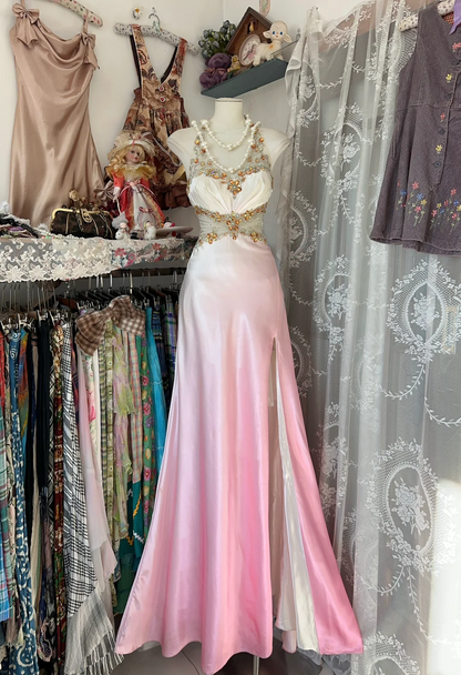 Halter Satin Beaded Prom Dress With Slit Pink-White Gradient Evening Dress  P384