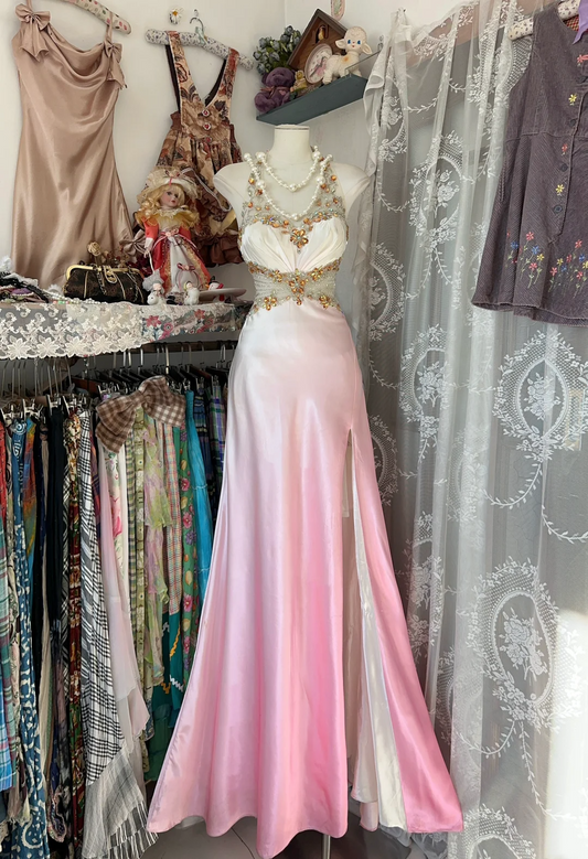 Halter Satin Beaded Prom Dress With Slit Pink-White Gradient Evening Dress  P384
