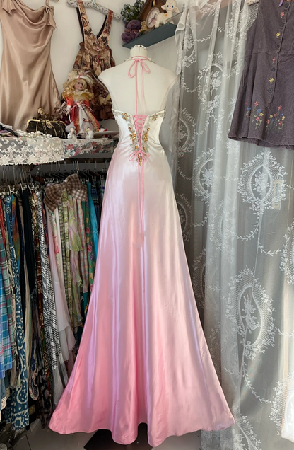 Halter Satin Beaded Prom Dress With Slit Pink-White Gradient Evening Dress  P384