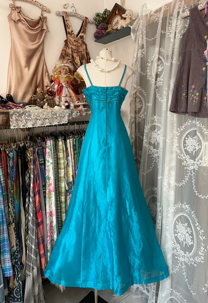 A Line Blue Satin Prom Dress Spaghetti Straps Formal Evening Dress  P385