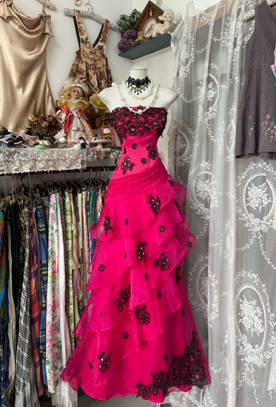 Strapless Hot Pink Chiffon Prom Dress With Applique Ruffled Birthday Dress  P386