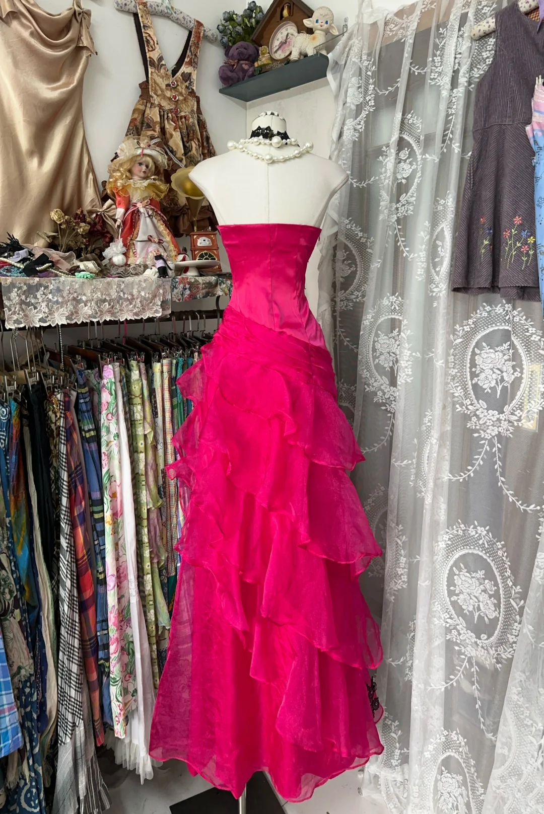 Strapless Hot Pink Chiffon Prom Dress With Applique Ruffled Birthday Dress  P386