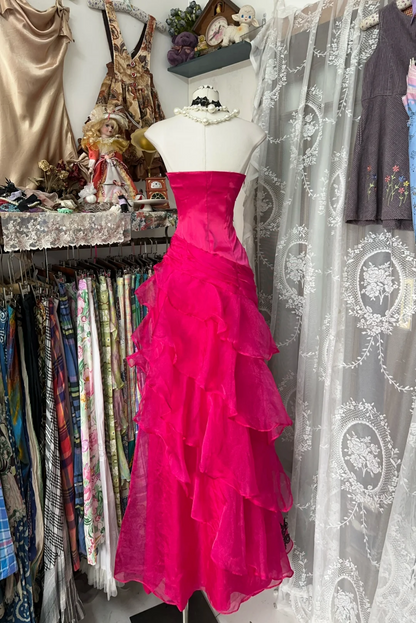Strapless Hot Pink Chiffon Prom Dress With Applique Ruffled Birthday Dress  P386