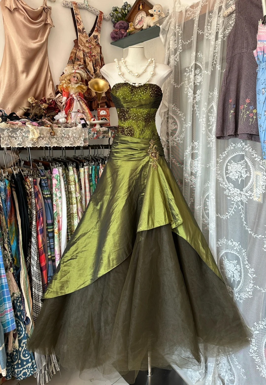 Strapless Green Satin Tulle Prom Dress Lace A Line Birthday  Dress  P388
