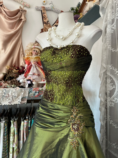 Strapless Green Satin Tulle Prom Dress Lace A Line Birthday  Dress  P388