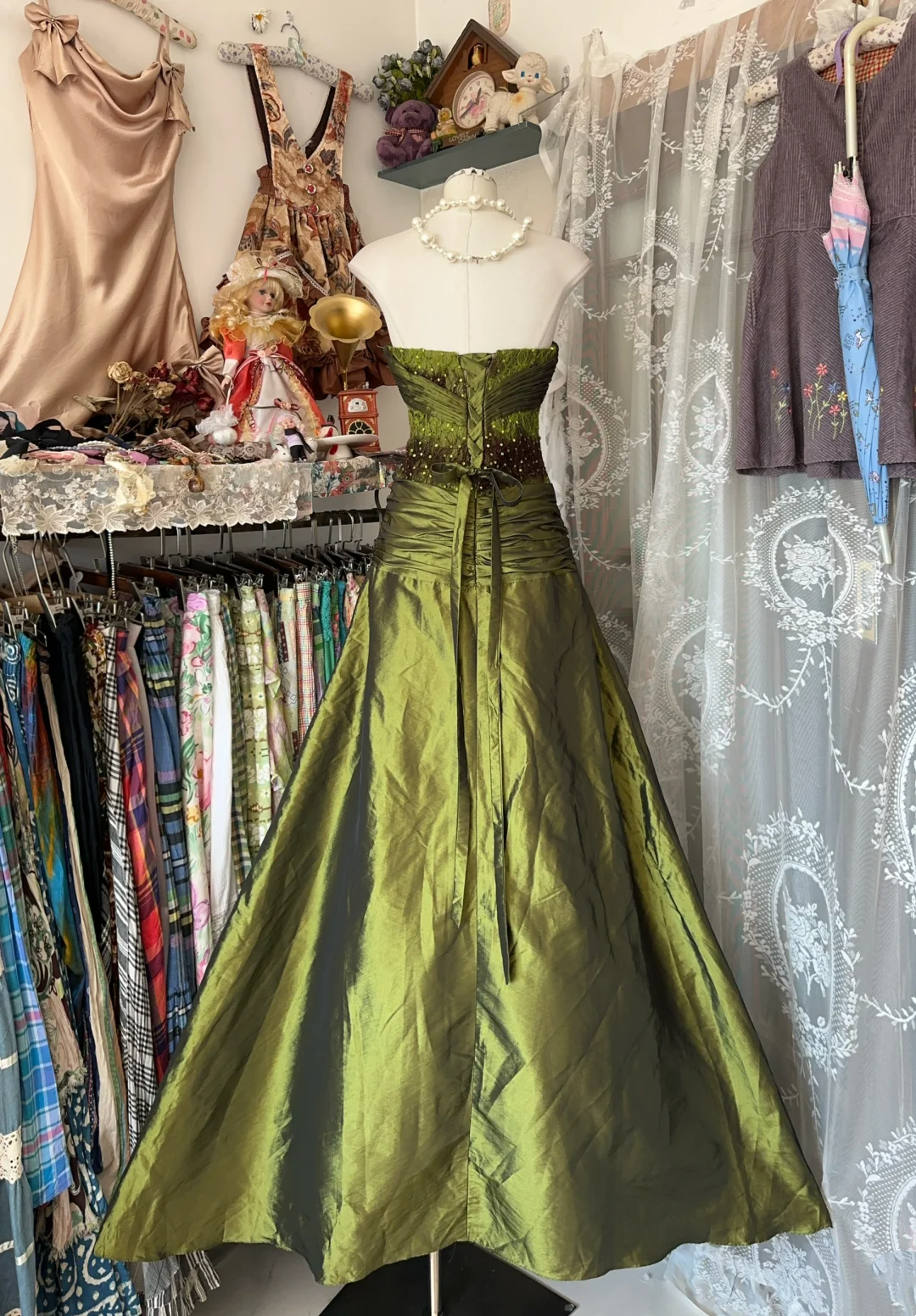 Strapless Green Satin Tulle Prom Dress Lace A Line Birthday  Dress  P388