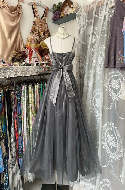 Spaghetti Straps Gray A Line Prom Dress Satin Formal Dress   P389