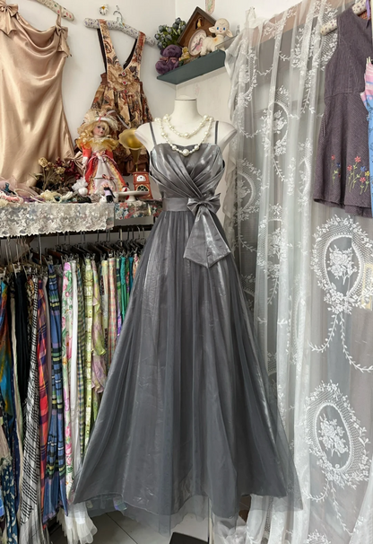 Spaghetti Straps Gray A Line Prom Dress Satin Formal Dress   P389
