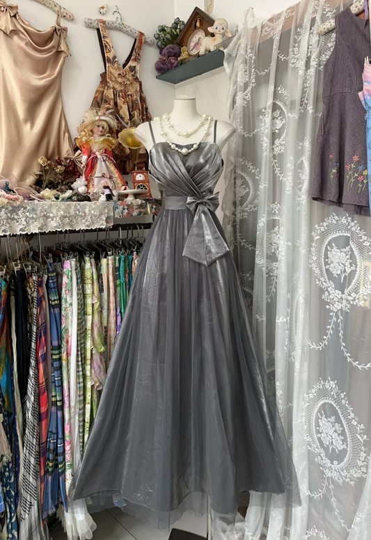 Spaghetti Straps Gray A Line Prom Dress Satin Formal Dress   P389