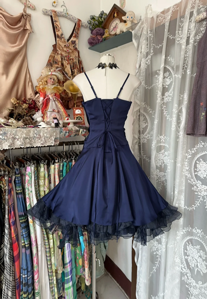 Spaghetti Straps Navy Blue A Line Short Dress Ruffled Birthday Dress   P390
