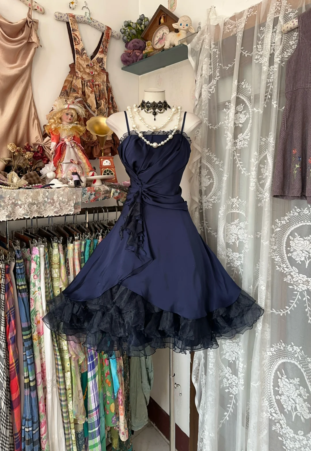 Spaghetti Straps Navy Blue A Line Short Dress Ruffled Birthday Dress   P390