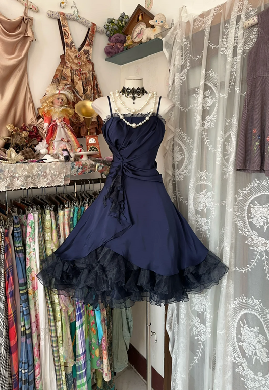 Spaghetti Straps Navy Blue A Line Short Dress Ruffled Birthday Dress   P390