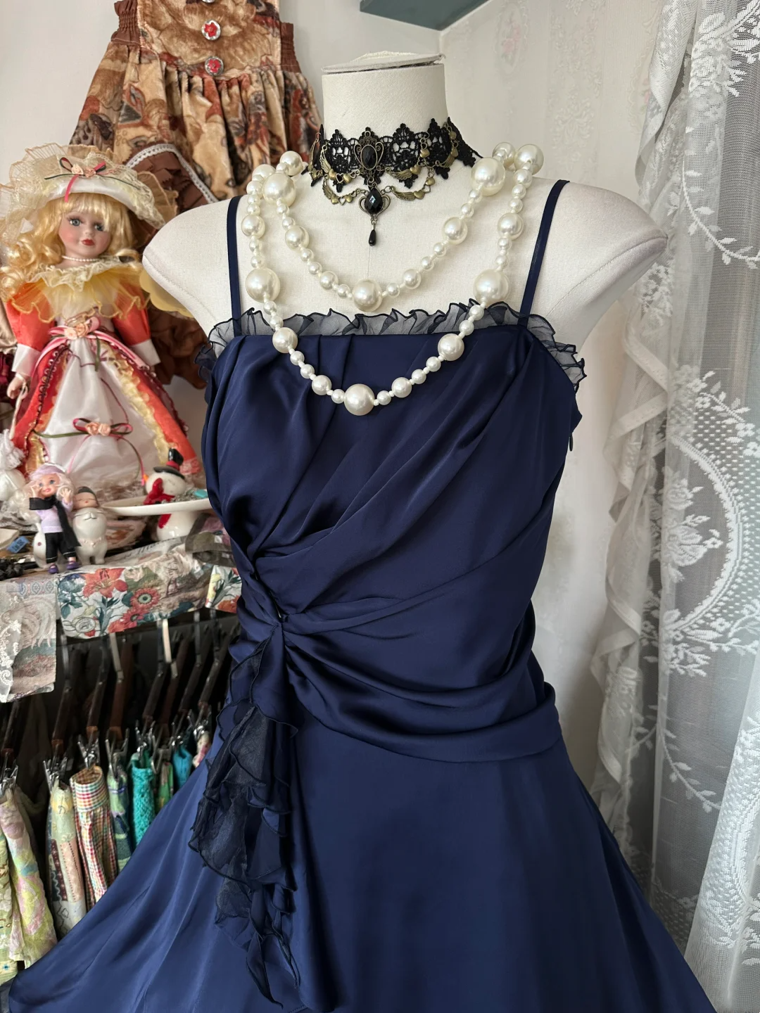 Spaghetti Straps Navy Blue A Line Short Dress Ruffled Birthday Dress   P390