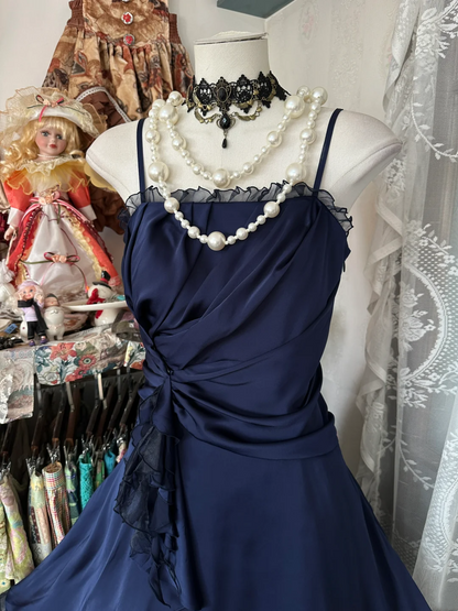 Spaghetti Straps Navy Blue A Line Short Dress Ruffled Birthday Dress   P390