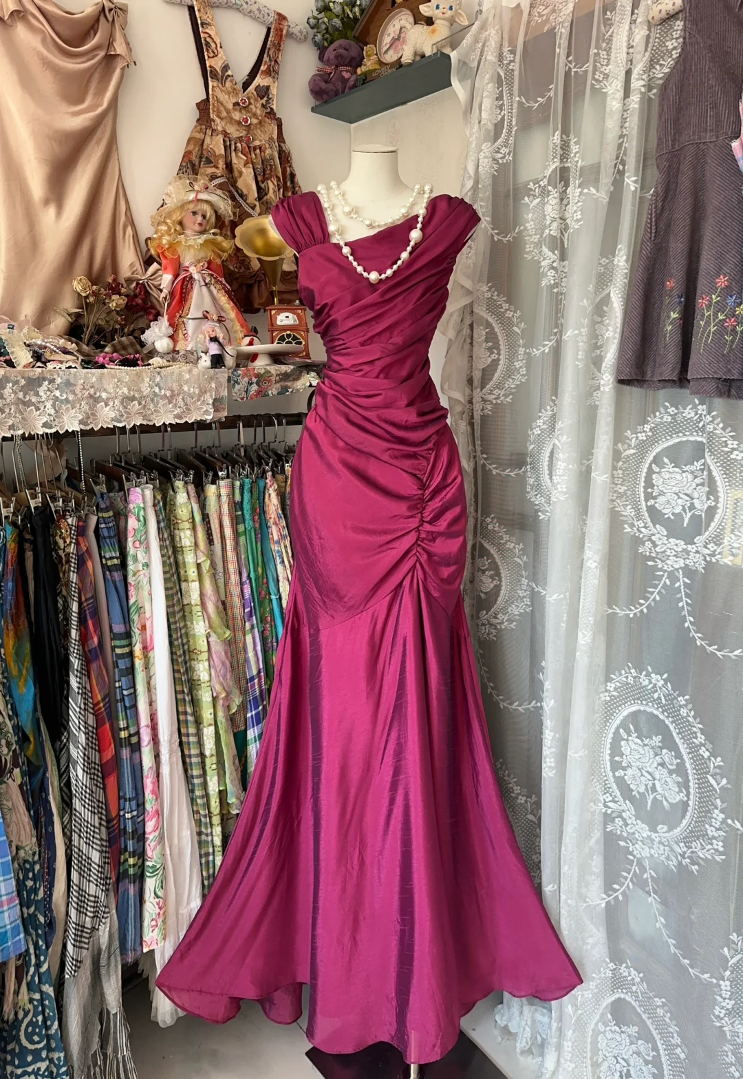 Fuchsia Mermaid Satin Long Prom Dress Elegant Formal Evening Dress  P392
