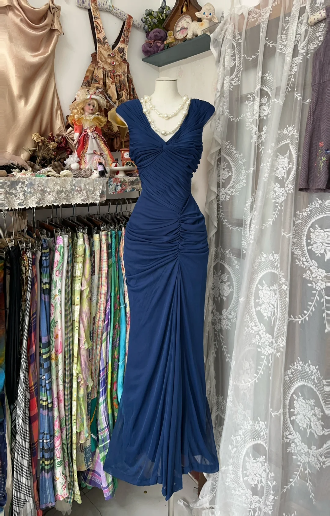 V Neck Navy Blue Sheath Prom Dress Chiffon Elegant Evening Dress  P394