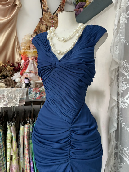 V Neck Navy Blue Sheath Prom Dress Chiffon Elegant Evening Dress  P394