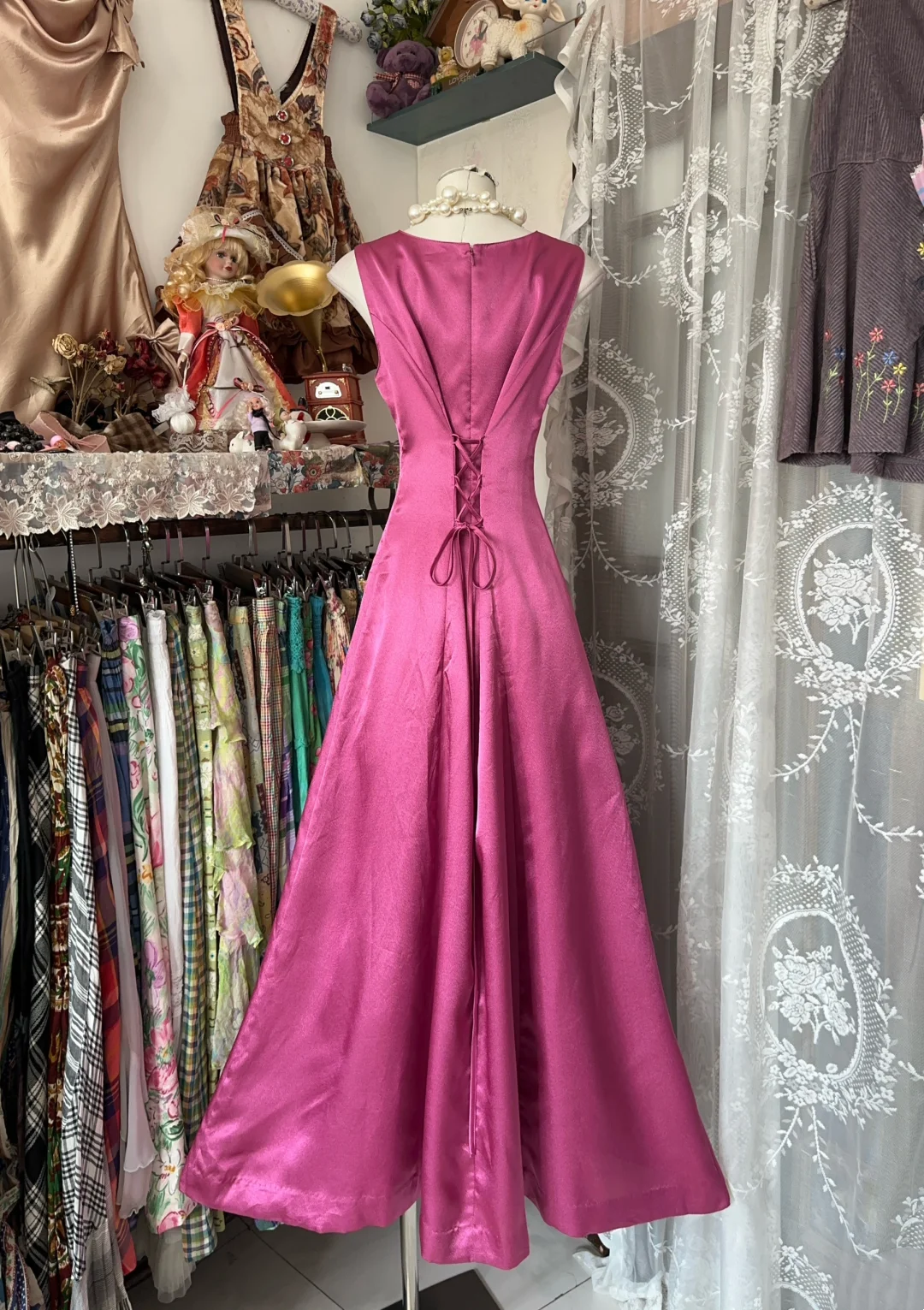 Sleeveless Pink Satin Prom Dress Modest Formal Dress  P396