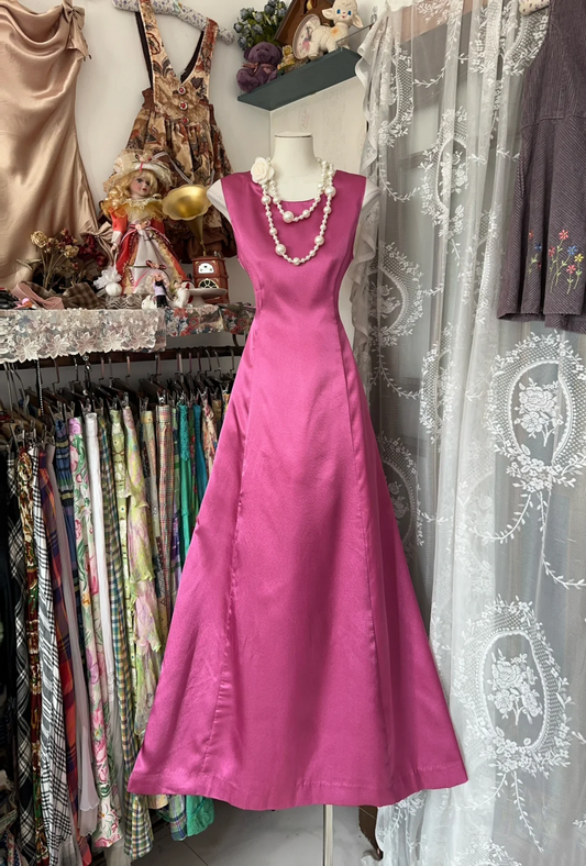 Sleeveless Pink Satin Prom Dress Modest Formal Dress  P396
