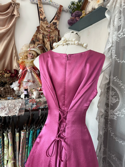 Sleeveless Pink Satin Prom Dress Modest Formal Dress  P396